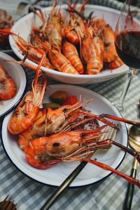 High angle view of seafood in plate on table