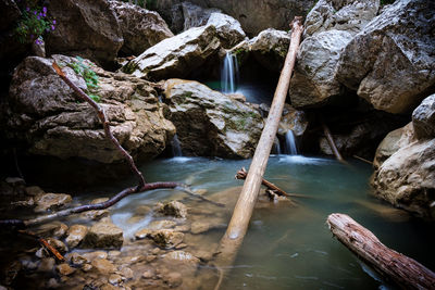 Close-up of waterfall in forest