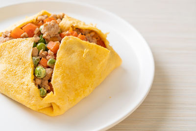 High angle view of food in plate on table