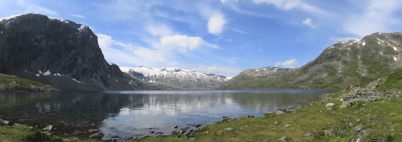 Scenic view of lake and mountains against sky