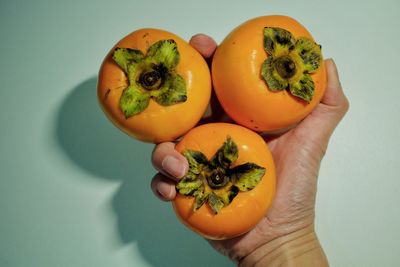 Close-up of hand holding orange against white background