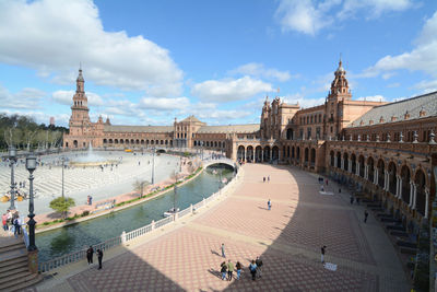 High angle view of tourists at town square