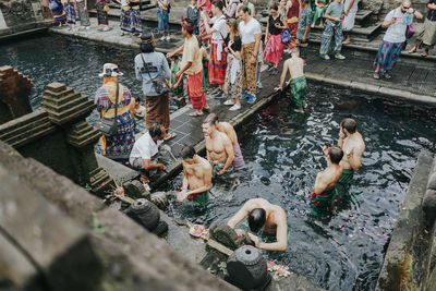 High angle view of people in city