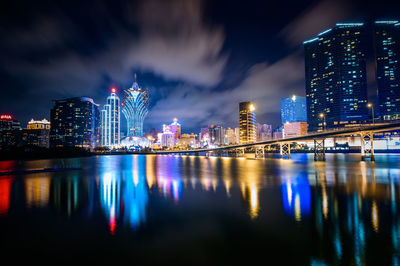 Illuminated buildings by river against sky at night