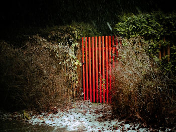 Red fence on field during autumn