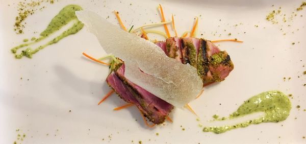 Close-up of tuna fish served in plate