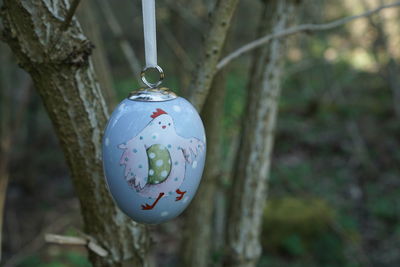 Close-up of decoration hanging on tree trunk