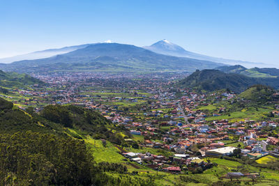 Aerial view of townscape and mountains against sky