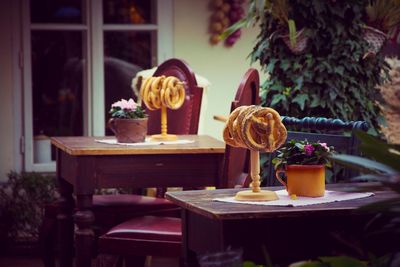 Pretzels on wooden tables