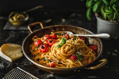 High angle view of food served on table