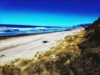 Scenic view of beach against clear blue sky