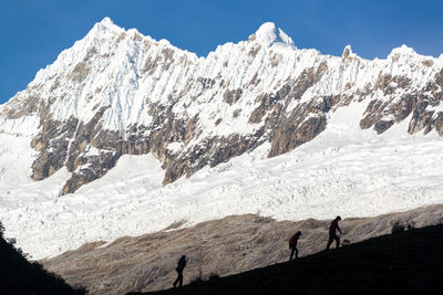 Scenic view of snow covered mountains against clear sky