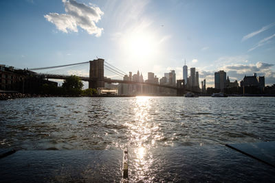 Bridge over river by buildings against sky in city