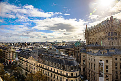 High angle view of buildings in city against sky