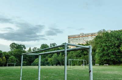 Low angle view of soccer field against sky