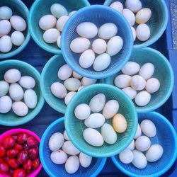 High angle view of eggs in basket