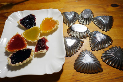 High angle view of dessert served on table