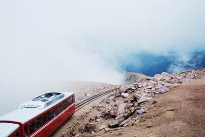 High angle view of train on mountain at pikes peak national forest