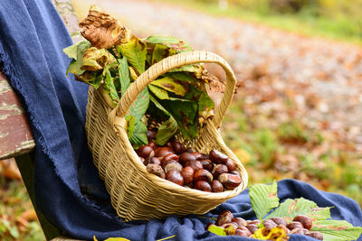 Close-up of strawberries in basket on field