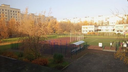 High angle view of buildings against sky