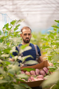 Portrait of young man sitting by plants