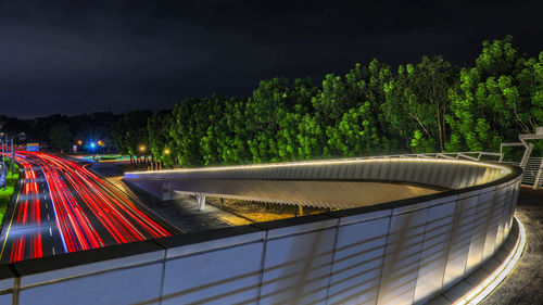 High angle view of light trails at night