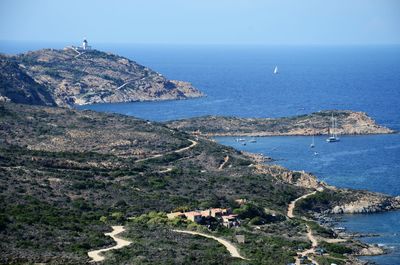 Scenic view of landscape and sea against sky