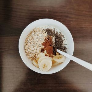 High angle view of breakfast in bowl on table