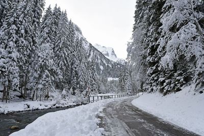 Snow covered road by trees against sky