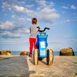 Rear view of boy standing with tricycle on promenade against sky
