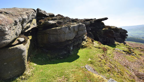 Rock formations on landscape against sky