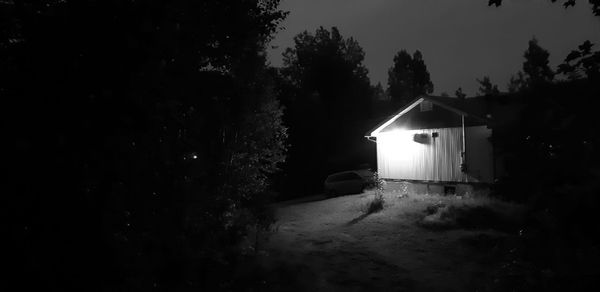 Illuminated building by trees against sky at night