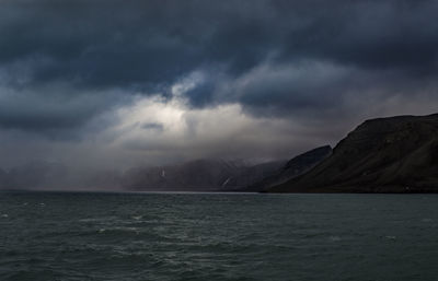 Scenic view of sea against storm clouds