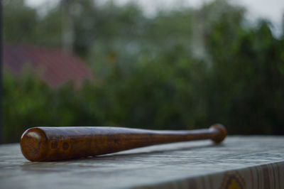 Close-up of old wooden table