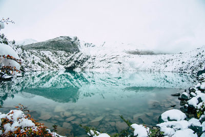 Glacial lake surrounded by snowcapped mountain in winter