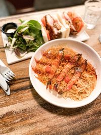 High angle view of meal served on table