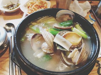 High angle view of meal served in bowl