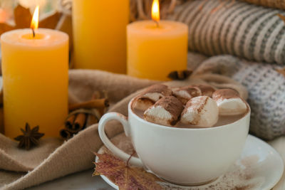 Celebrating autumn holidays at cozy home with cup hot chocolate marshmallows cacao on the windowsill 