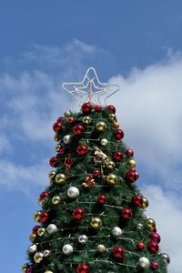 Low angle view of christmas tree against sky