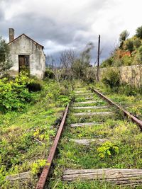 Railroad track amidst trees and buildings against sky