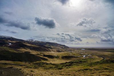 Scenic view of sea and mountains against sky