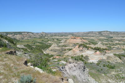 Scenic view of landscape against clear blue sky