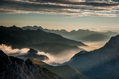 Scenic view of mountains against sky during sunset