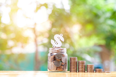 Close-up of coins on table