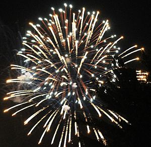 Low angle view of firework display at night