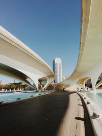 View of bridge and buildings against clear sky