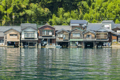 Houses by lake against trees and plants
