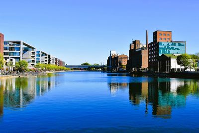 Buildings by river against clear blue sky