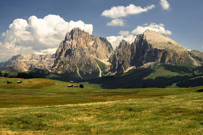 Scenic view of field and mountains against sky