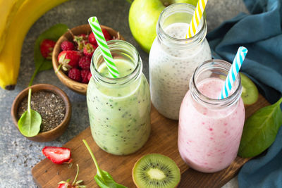 High angle view of fruits in jar on table